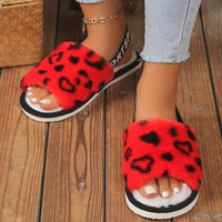 Leopard Print Fuzzy Flat Slippers, Open Toe Elastic Strap Slip On Shoes, Cozy & Warm Home Slipper Sandals