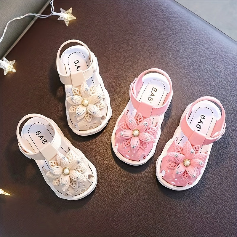 Girls Baby Flower Trendy Breathable Closed Toe Sandals, Lightweight Soft Sandals Crib Shoes For Indoor Outdoor Spring