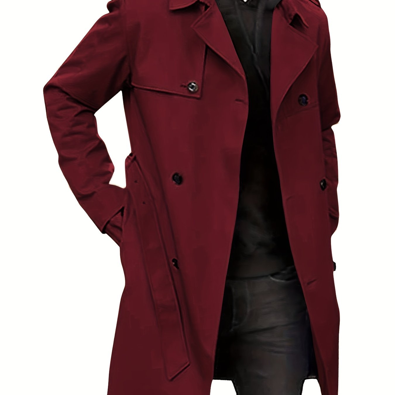 Plus Size Men's Trendy Windbreaker Double-breasted Belt Lapel Casual Slim Long Jacket Coat