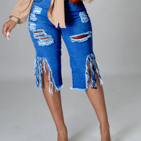 Trendy Women's Distressed Denim Shorts - Fringe Hem, Stylish, Comfortable for Casual Wear
