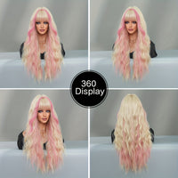 Highlight Long Curly Wavy Wig With Bangs Synthetic Wig Beginners Friendly Heat Resistant Elegant For Daily Use Wigs For Women