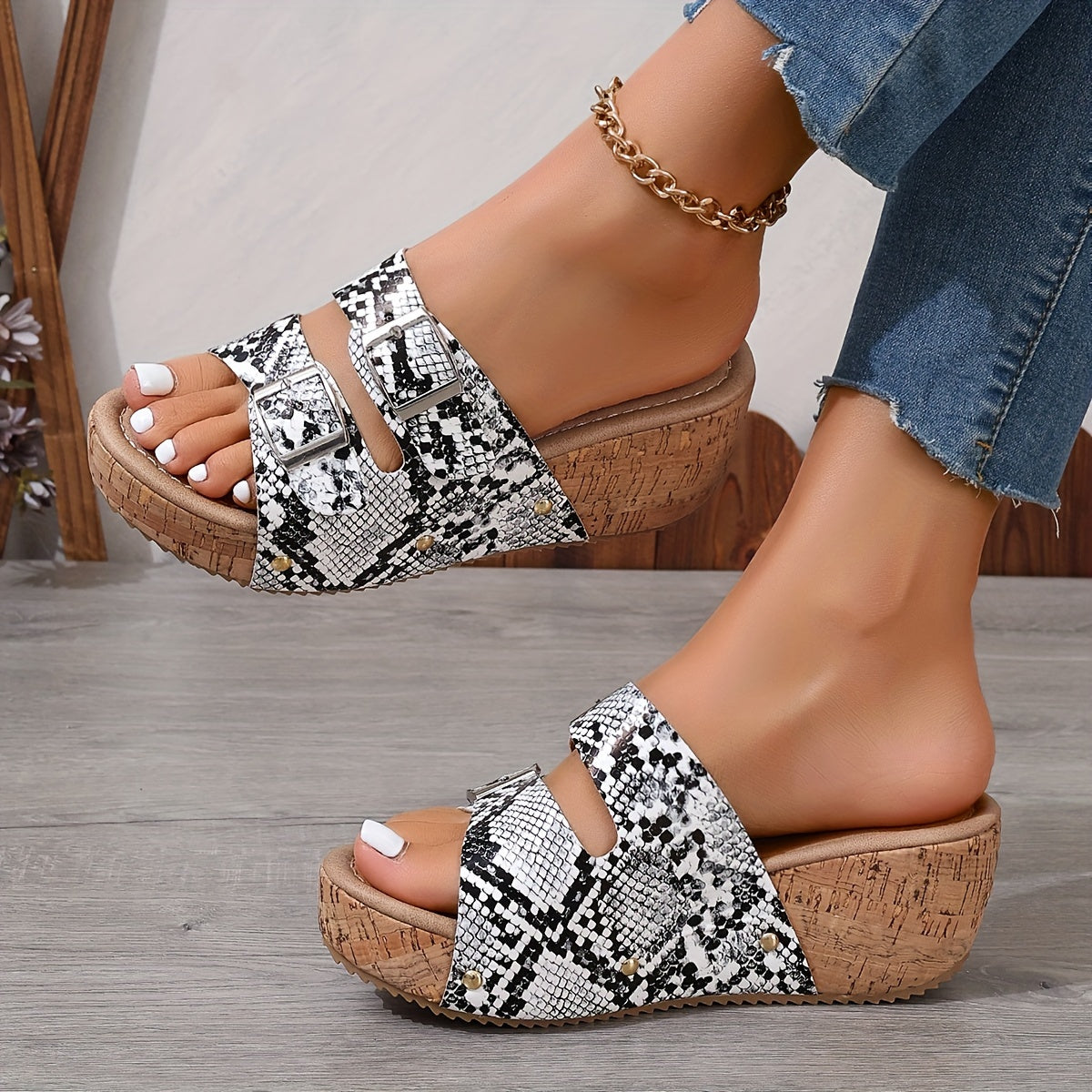 Comfy Women's Wedge Sandals with Non-Slip Double Buckle Straps and Open Toe