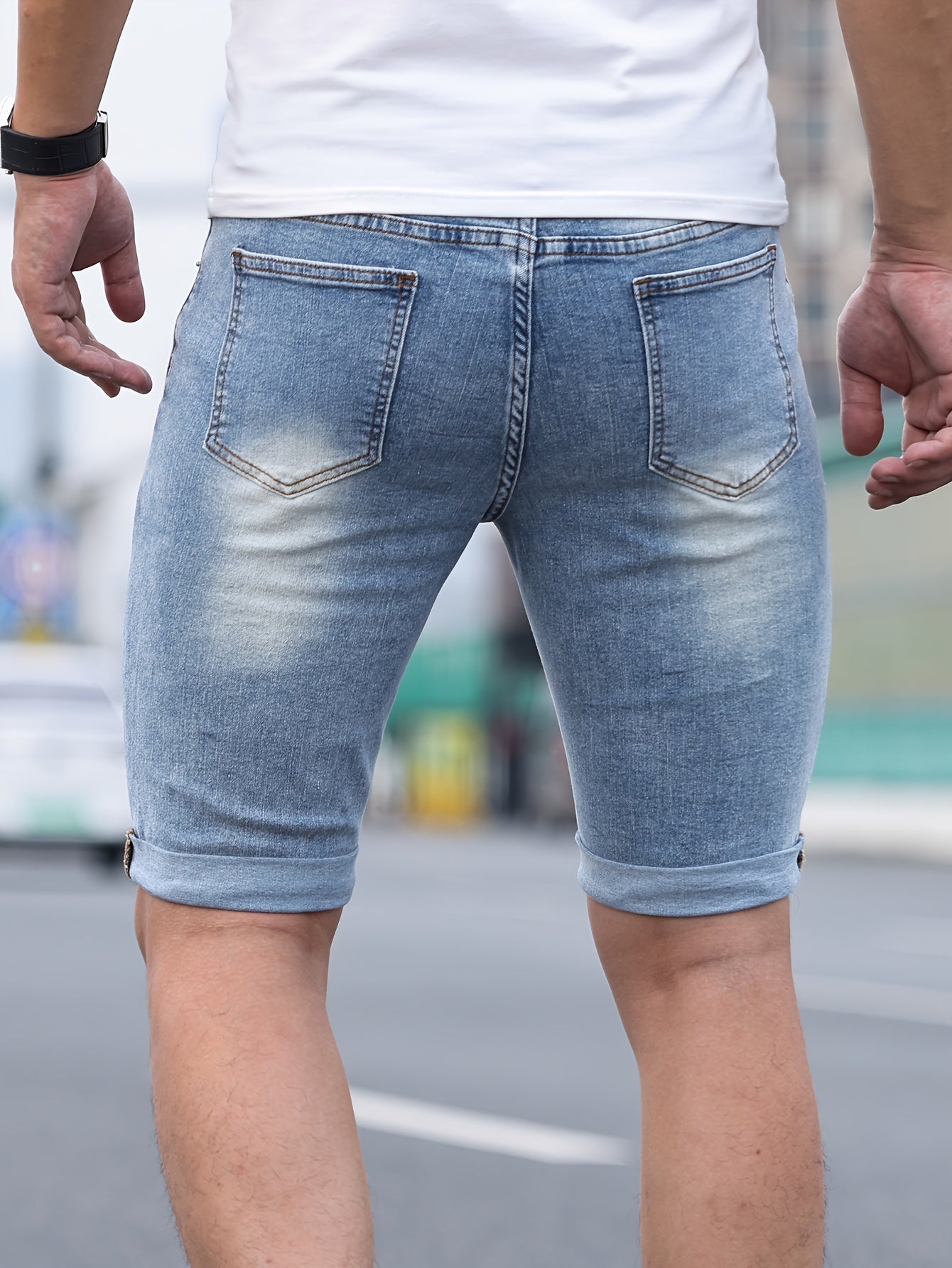 Men's Stylish Casual Skinny Solid Denim Shorts For Summer Daily Life