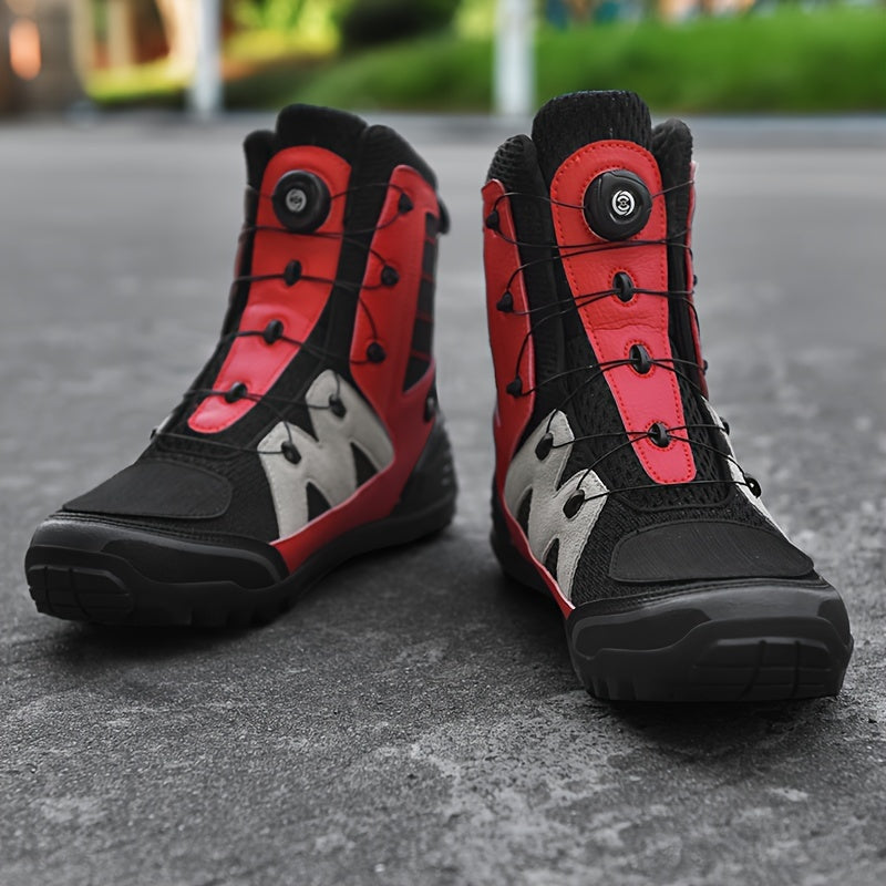 Men's Professional High Top Motorbike Boots With Adjustable Rotating Buckle, Comfy Non Slip Durable Microfiber Upper Rubber Sole Shoes, Men's Footwear