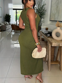 Womens Sexy Summer Dresses Sleeveless Round Neck Thigh-high Slit Ruched Bodycon Maxi Club Cocktail Party Dress