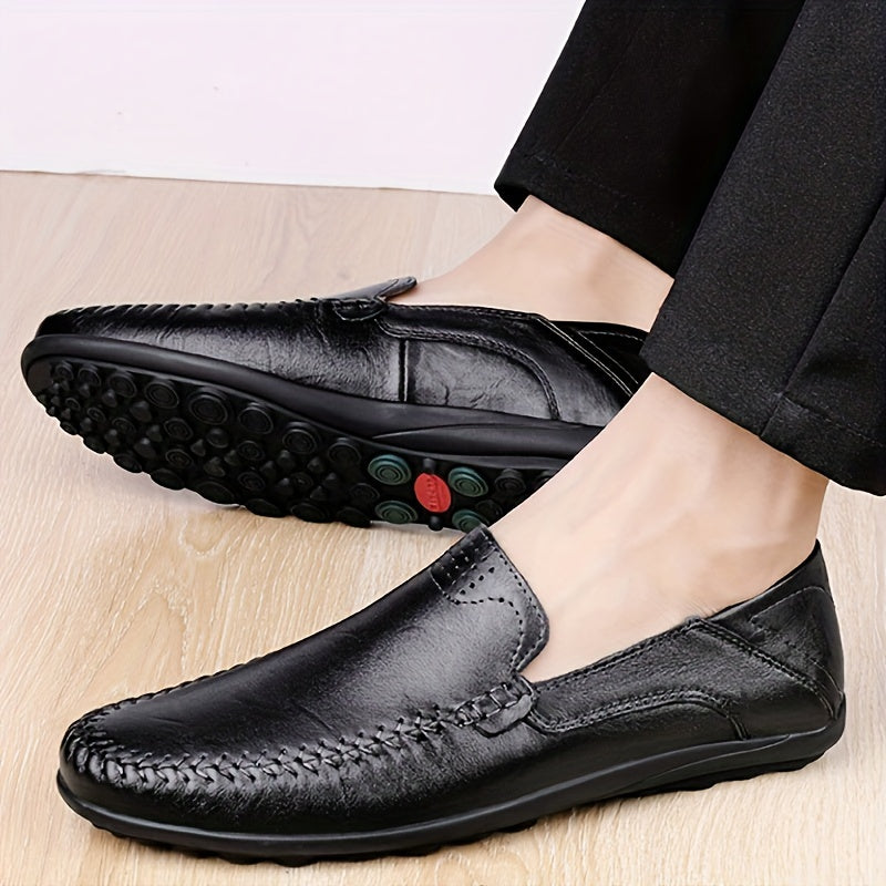 [CLOHOO, Leather Business Shoes] CLOHOO Men's Slip-On Business Casual Shoes | Breathable Second-Layer Leather Upper, Comfortable PU Lining & Rubber Sole, All-Season Versatile for Office, Travel & Vacation - Black, Refined App