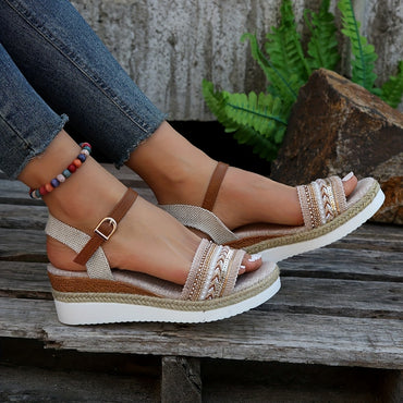 Chic Braided Wedge Sandals - Open Toe Ankle Buckle Adjustables - Elastic Slingback Comfort - Boho Summer Style