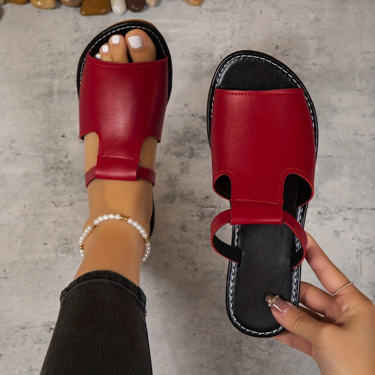 Stylish Womens Flat Slide Sandals - Soft Faux Leather, Slip-On Design, Lightweight, Breathable, Rubber Sole, Open Toe, Mary-Jane Strap - Perfect for Outdoor Activities and Casual Occasions
