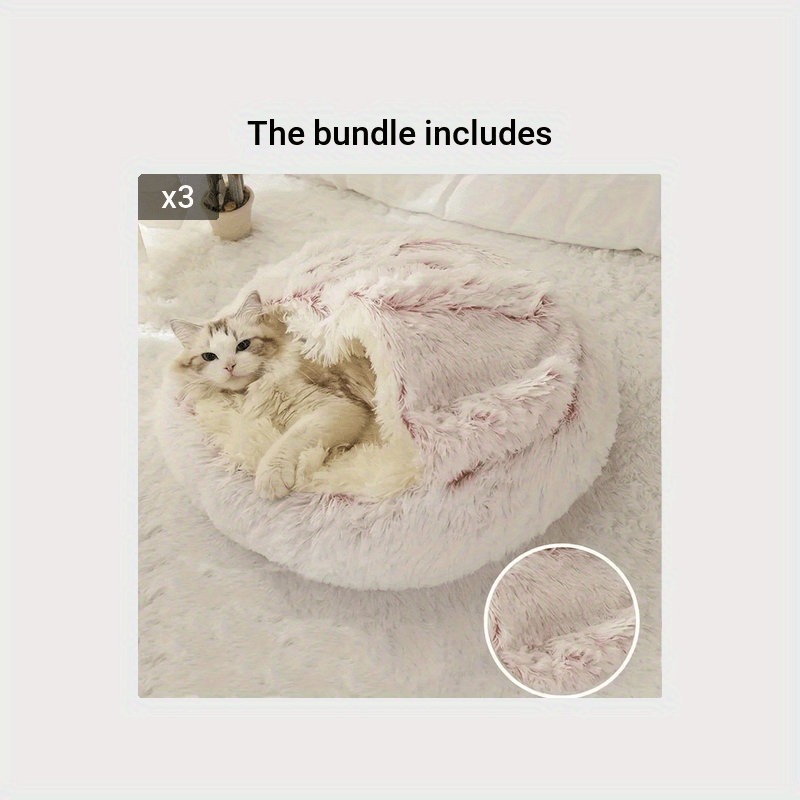 2 in 1 Round Warm Pet Bed House Polyester Cat Bed, Long Plush, Winter, with Sleeping Bag Sofa Cushion for Cat