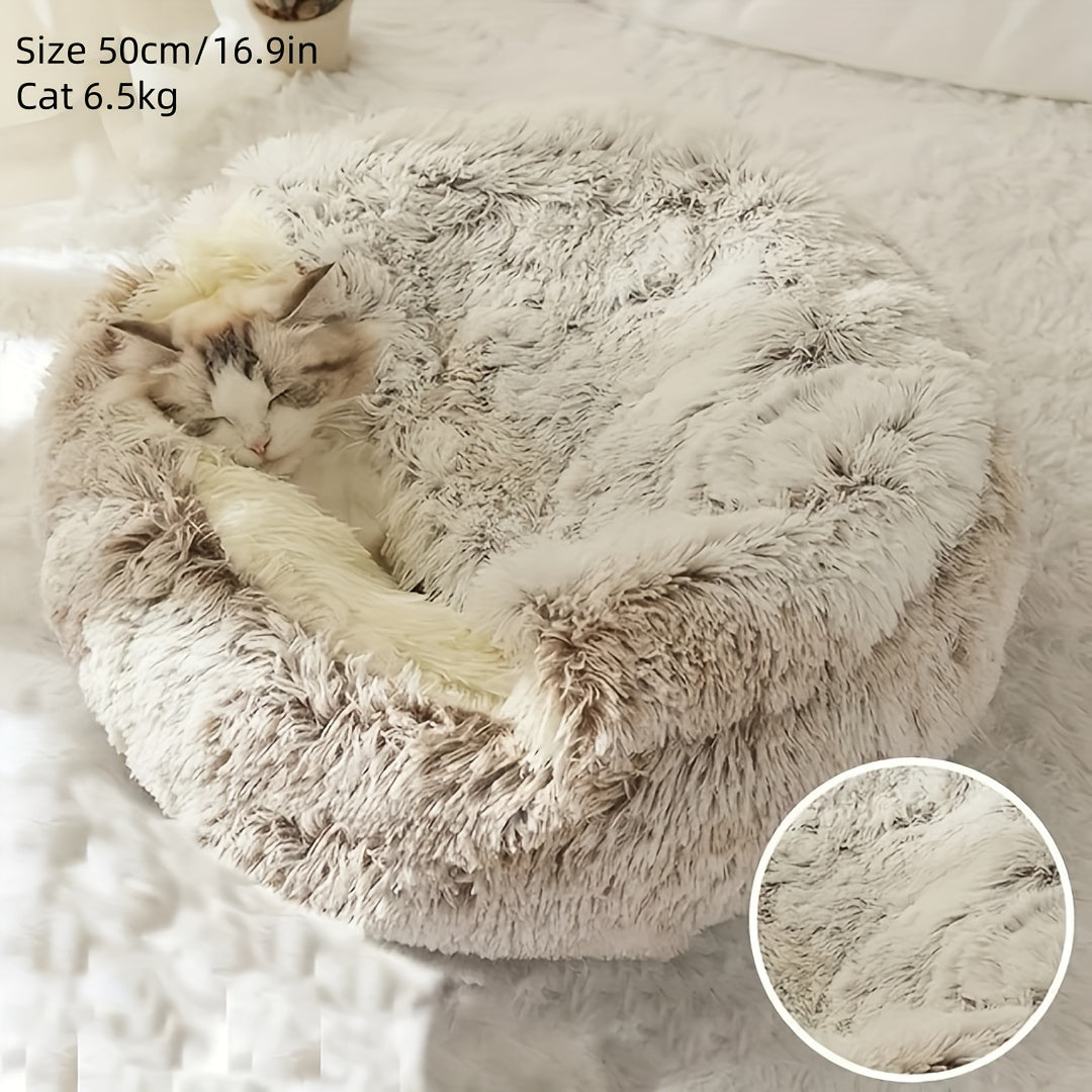 2 in 1 Round Warm Pet Bed House Polyester Cat Bed, Long Plush, Winter, with Sleeping Bag Sofa Cushion for Cat