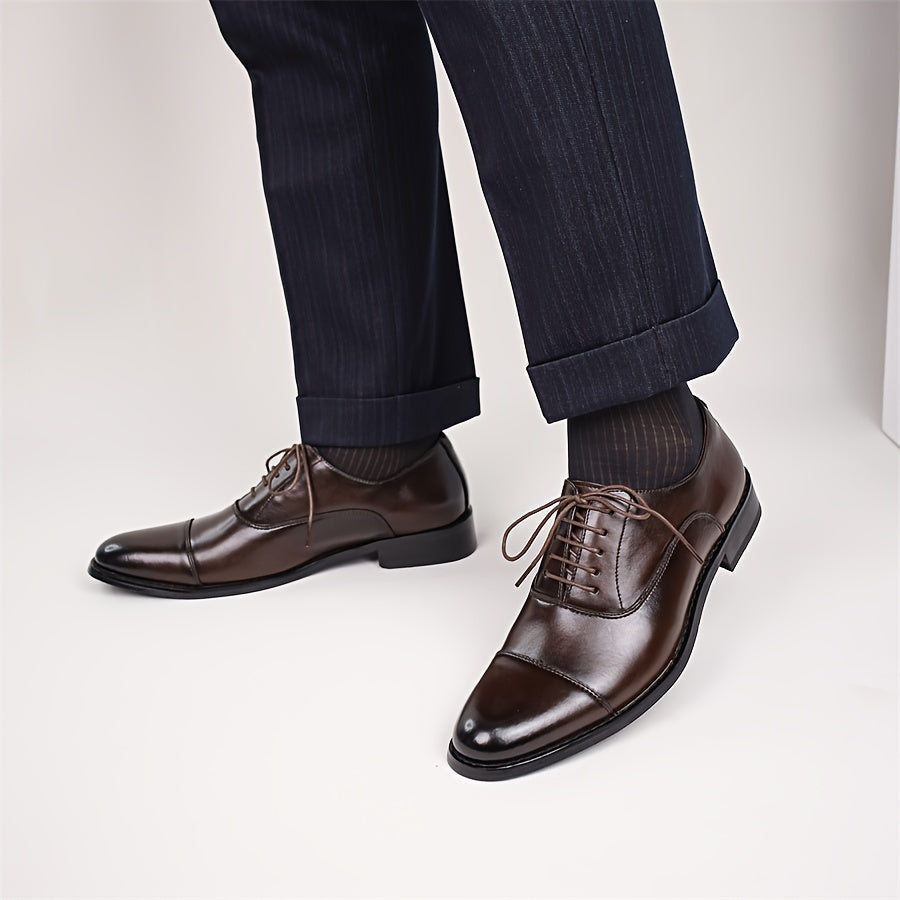 [Trendy Cow Leather Oxford Shoes] Men's Trendy Split Cow Leather Upper Cap Toe Oxford Shoes, Comfy Non Slip Casual Rubber Sole Formal Shoes, Men's Footwear