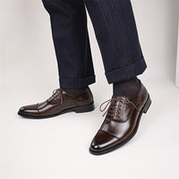 [Trendy Cow Leather Oxford Shoes] Men's Trendy Split Cow Leather Upper Cap Toe Oxford Shoes, Comfy Non Slip Casual Rubber Sole Formal Shoes, Men's Footwear