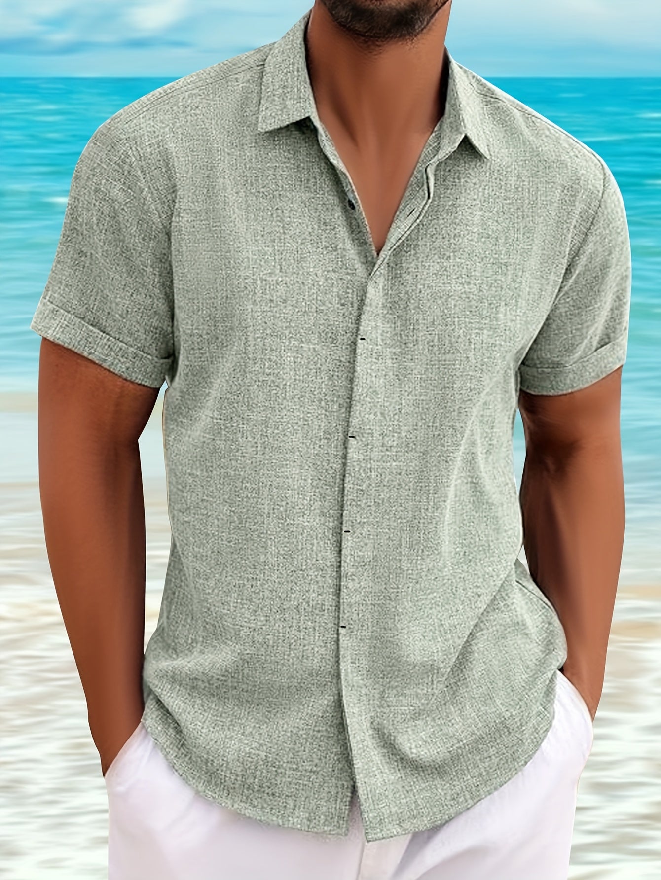 [Men's Casual Shirt] Men's dark green lapel beach summer button casual party shirt invisible button up top casual short sleeved shirt wedding party dinner party holiday formal top