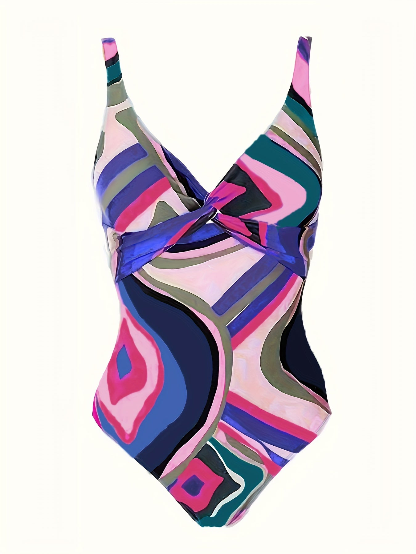 Plus Size Elegant Tankini Set, Women's Plus Geo Print Twist Front One Piece Swimsuit & Knot Side Cover Up Skirt Bathing Suit 2 Piece Set
