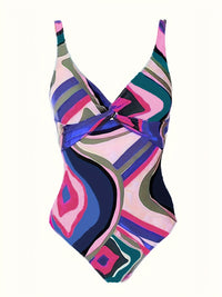 Plus Size Elegant Tankini Set, Women's Plus Geo Print Twist Front One Piece Swimsuit & Knot Side Cover Up Skirt Bathing Suit 2 Piece Set