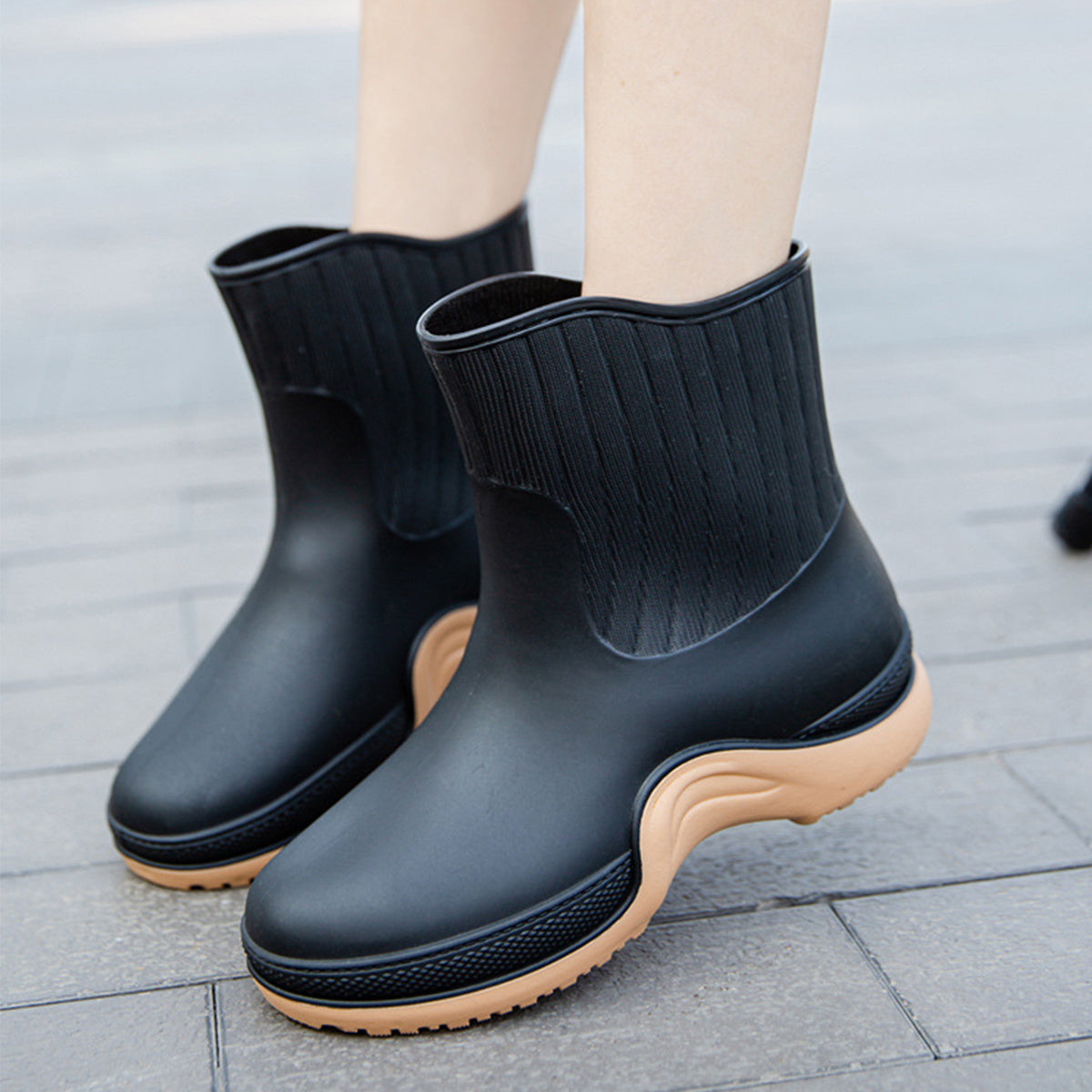 Women's Platform Ankle Rain Boots, Waterproof Solid Color Slip On Shoes, Outdoor Non-slip Shoes