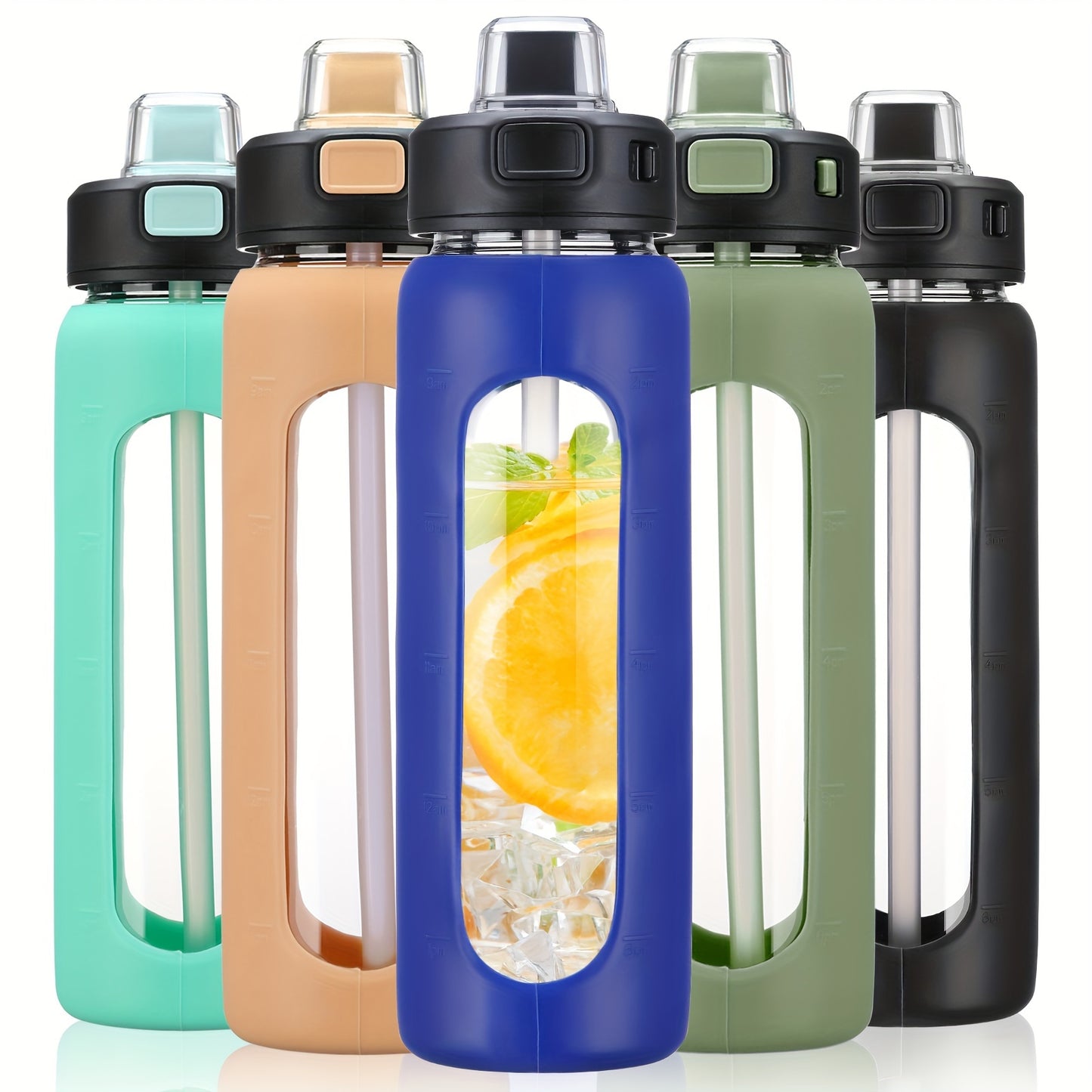 MUKOKO 24oz Glass Water Bottle With Straw, Motivational Water Bottles With Time Marker And Silicone Sleeve, Glass Bottle With Locking Lid And Carry Loop
