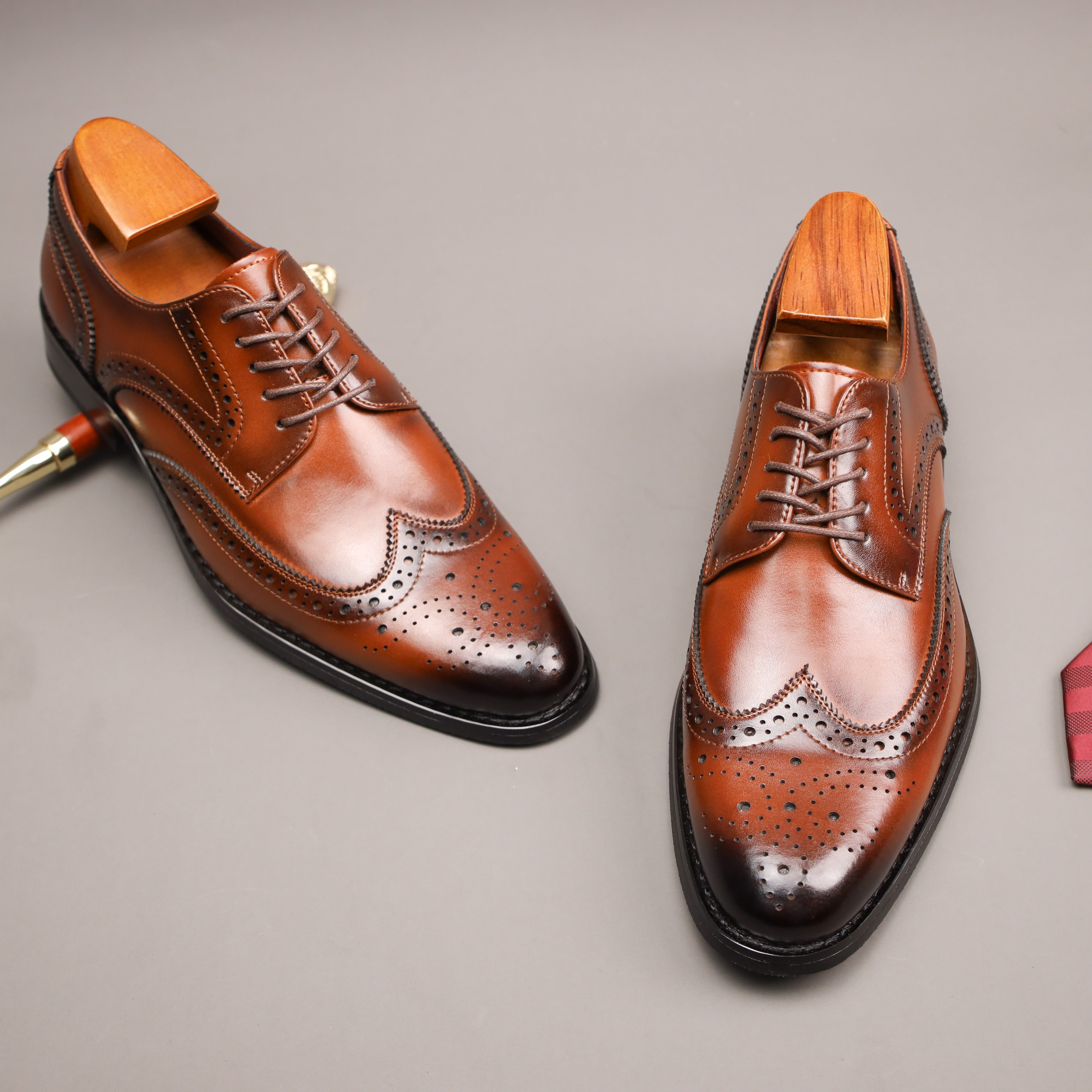 Men'S Solid Color Split Cow Faux Leather Upper Wingtip Brogue Toe Derby Shoes, Comfy Non Slip Rubber Sole Lace Up Durable Dress Shoes, Men'S Footwear