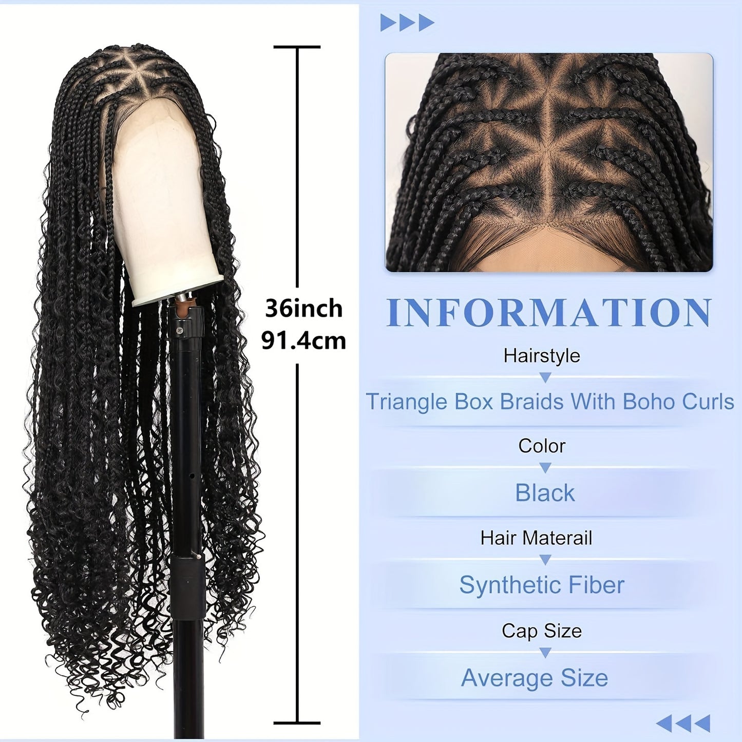 36 Bohemian Chic Box Braids Wig - Triangle Knotless & Curly - Synthetic Embroidered Double Lace Wigs for Women