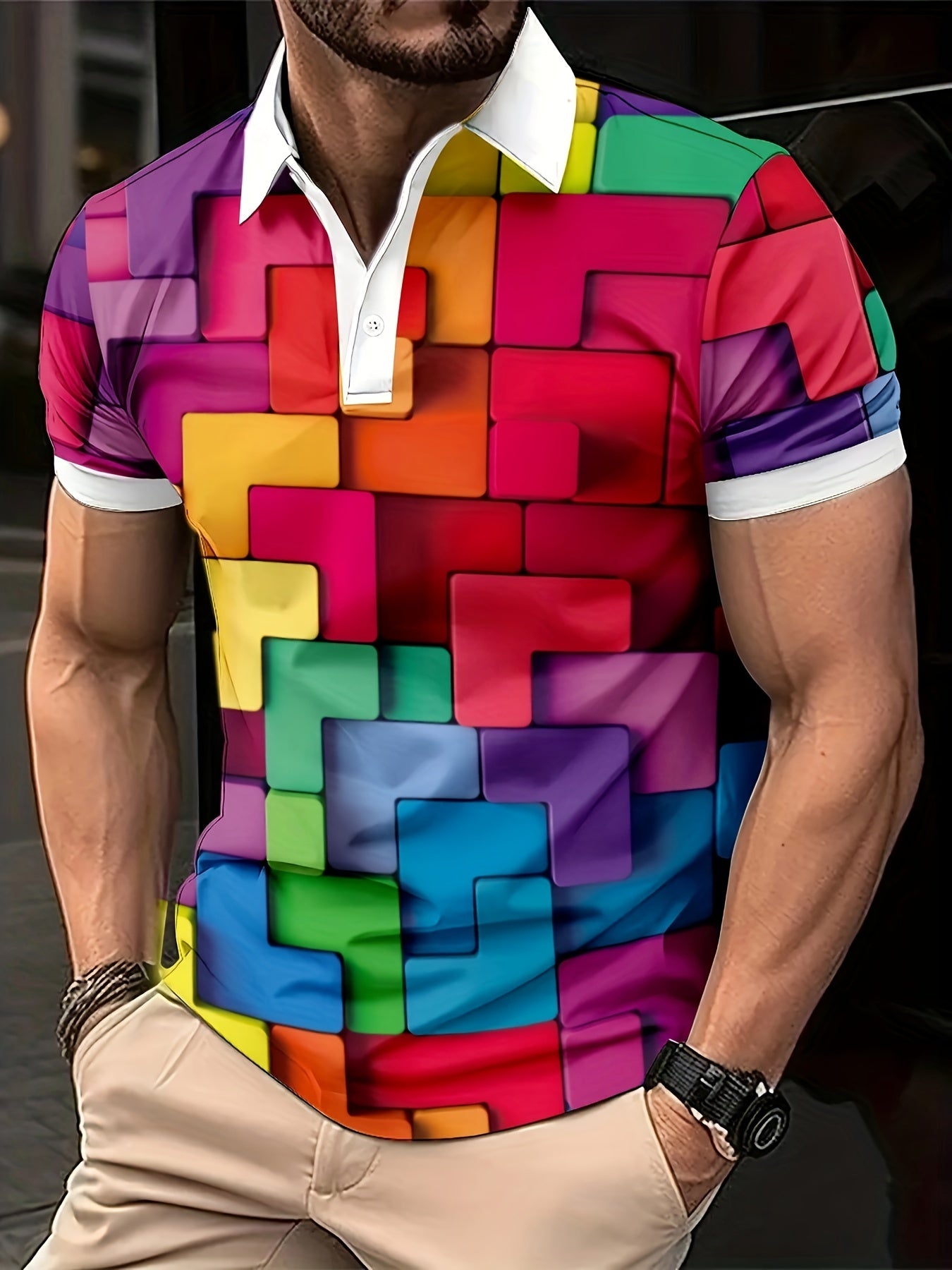 [Geometric 3D Print Polo] Geometric 3D Print Polo Shirt - Men's Casual Shirt for Spring, Summer, and Autumn - Perfect for Golf