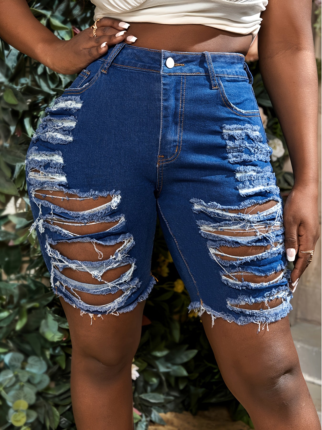 Plus Size High-Waisted Ripped Denim Shorts - Trendy Ripped Design, Flattering High-Waisted Fit, Artfully Distressed for a Fashionable Look, Delicate Frayed Hem Detail - Designed Specifically for Plus Size Women, Perfect for S