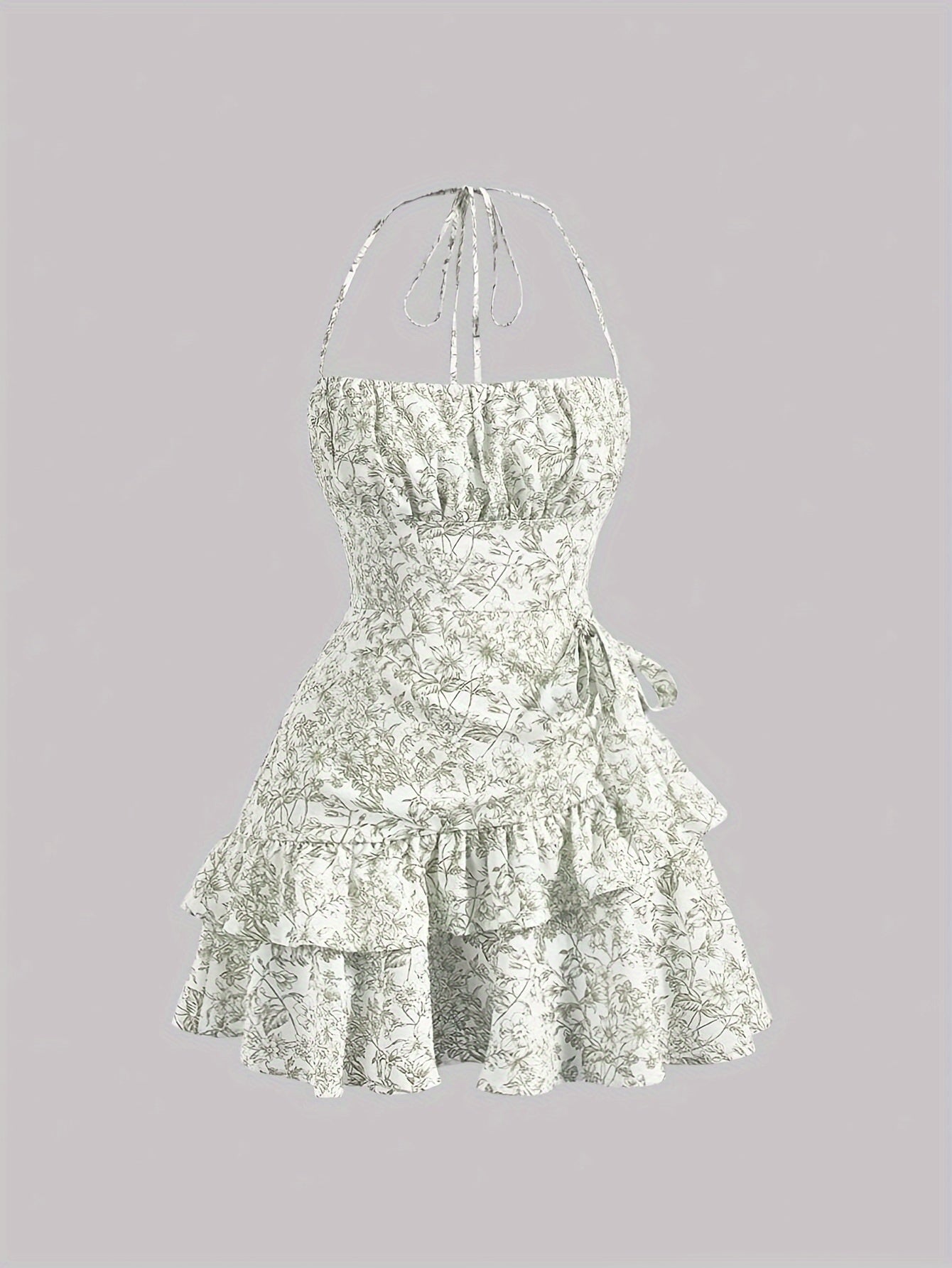 Floral Print Layered Ruffle Hem Halter Dress - Elegant Sleeveless Dress For Spring & Summer - Women's Clothing - For Women - Perfect for Parties & Casual Occasions - Ideal Gift for Her