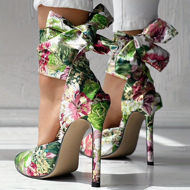Women's Strappy Floral Print Satin Stiletto High Heels - Pointed Toe Lace Up D'Orsay Pumps with Ultrahigh Heel, Fabric Upper & Man Made Sole | Party & Dress Shoes | Fashion Stiletto Sandals