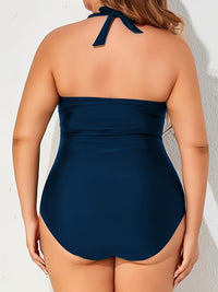 Plus Size Women's Retro One-Shoulder Ruched Tummy Control Swimsuit - High Elasticity Adjustable Side Ties, Solid Black Elegant Bathing Suit for Beach & Pool, Comfortable Swimwear | Smooth Texture Fabric, High Waisted Swimsuit
