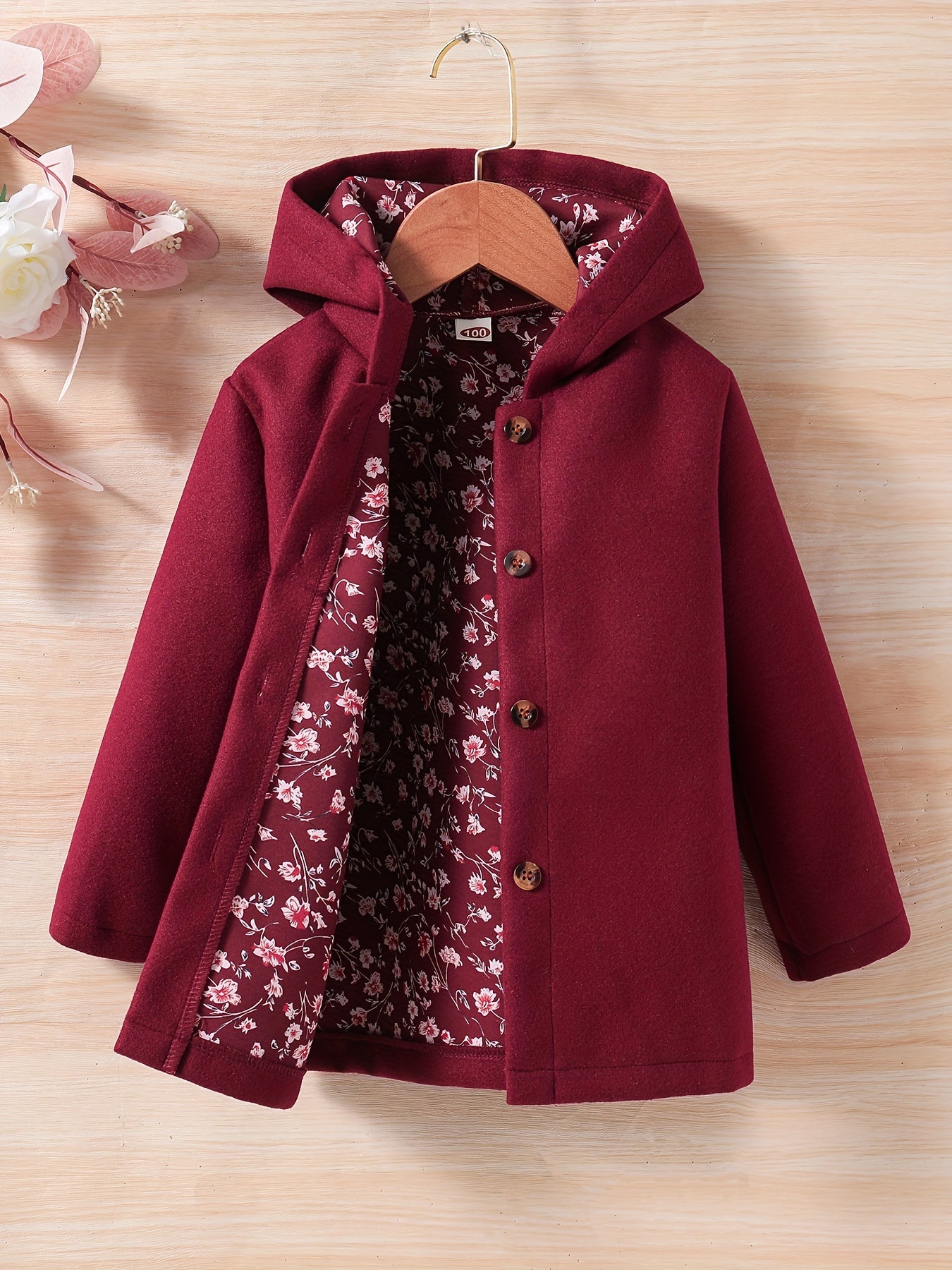 Baby Girls Toddler Girls Casual & Elegant Hooded Coat Floral Print Button Design Hoodies For Autumn And Winter