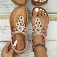 Women's Boho Style Flat Sandals, Flower Rhinestone Elastic Strap Slip On Shoes, Summer Beach Thong Sandals