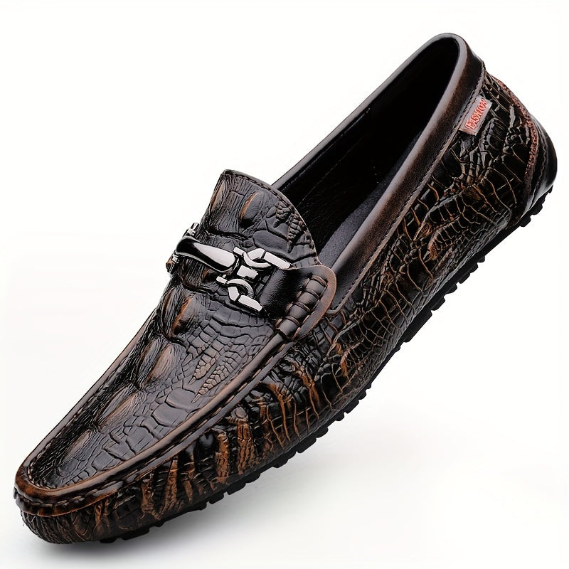 Men's Solid Color Lightweight Slip On Split Cow Leather Upper Loafer Shoes, Comfy Non Slip Casual Rubber Sole Dress Shoes, Men's Footwear