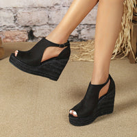 Chic Espadrille Wedge Sandals - Stylish Peep Toe with Cut-out Detail, Adjustable Buckle Strap, Stiletto Heels, and Comfortable Platform - Perfect Trendy Footwear for Your Summer Holiday