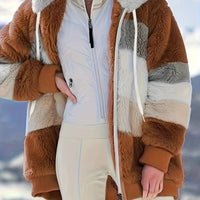 Womens Ultra-Soft Teddy Fleece Color Block Hooded Coat - Stylish Zip Up Winter Warm Outerwear with Full Hood and Long Sleeves - Trendy Casual Clothing for Chilly Days