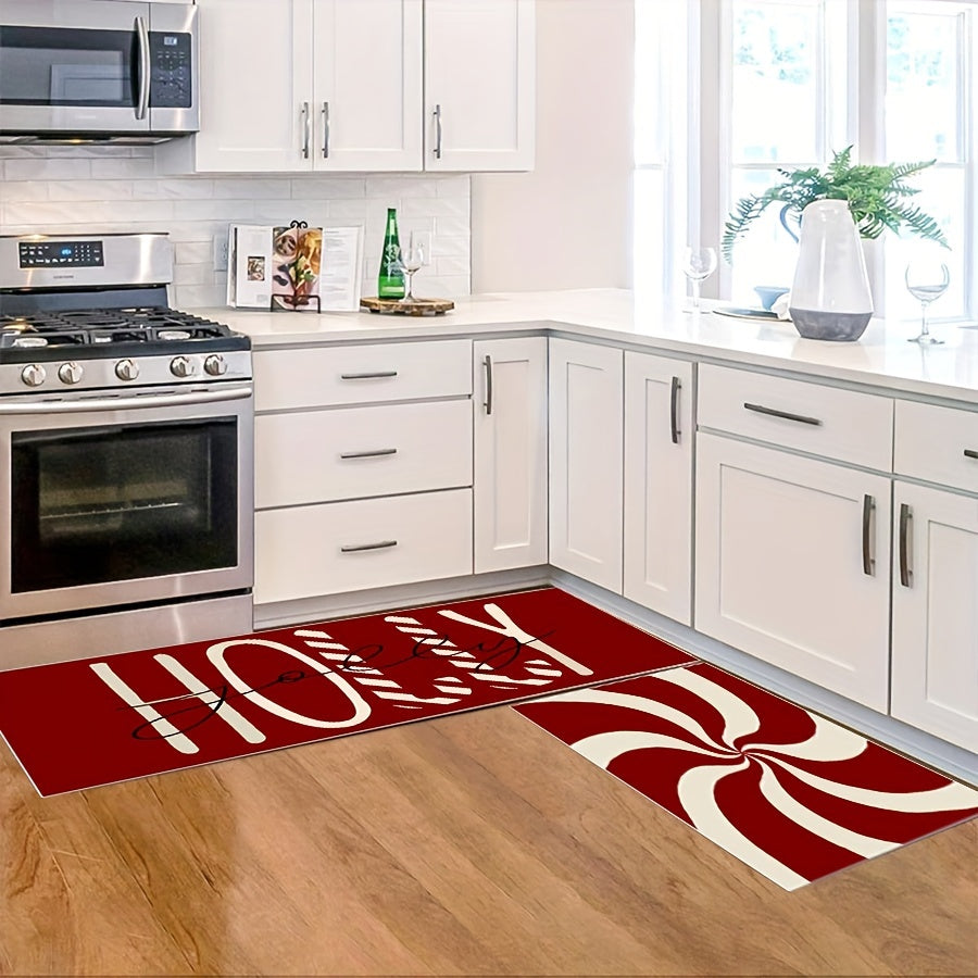 2pcs Christmas Candy Cane Kitchen Mats Set - Anti-Slip, Machine Washable, Festive Holiday Decor for Home & Dining Room (16"x24", 16"x47")