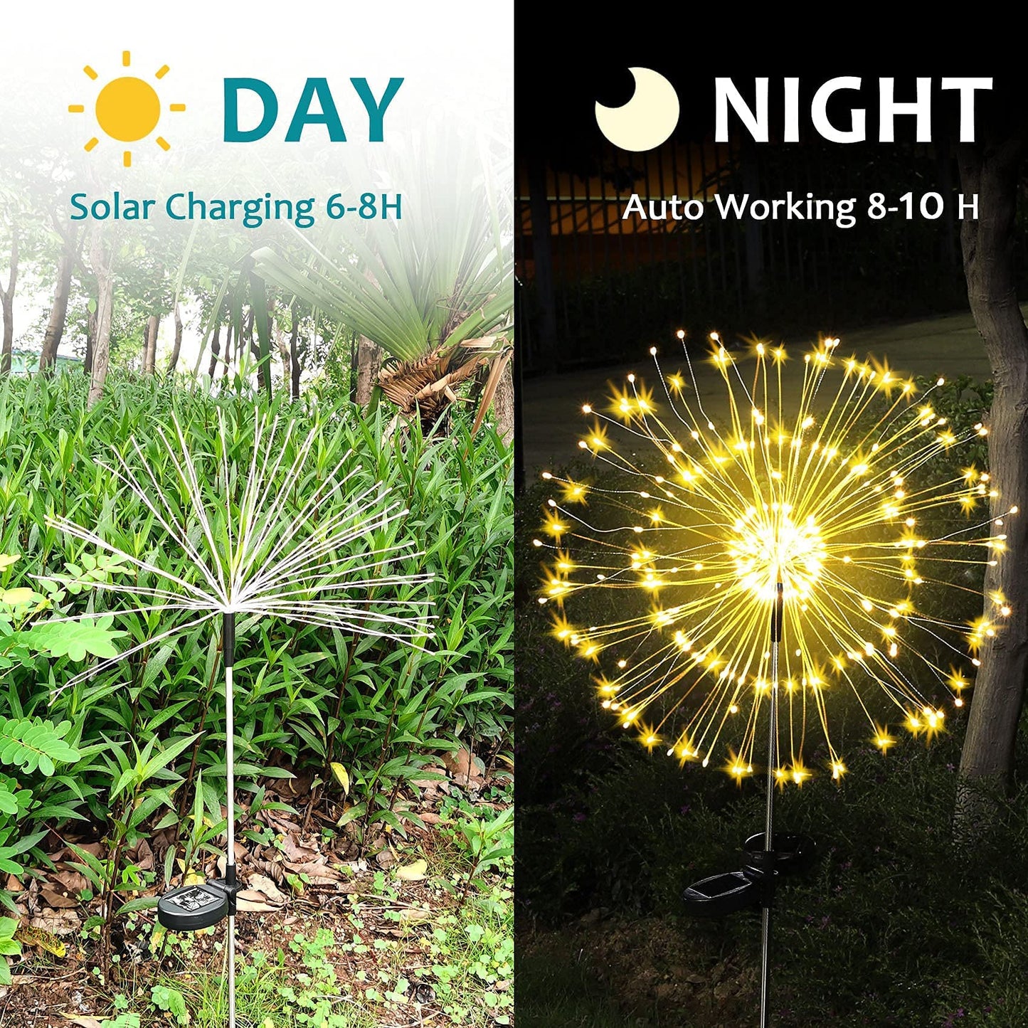 JJGoo Outdoor Solar Lights Firework, 2 Pack 120 LEDs Waterproof Solar Lights for Outside Garden Yard Pathway Fence - Warm White