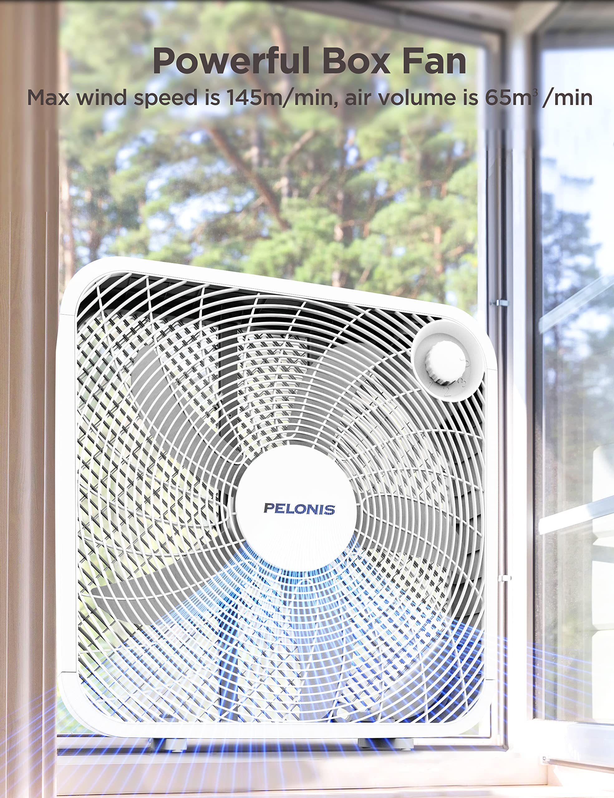 PELONIS 3-Speed Box Fan for Full-Force Circulation with Air
