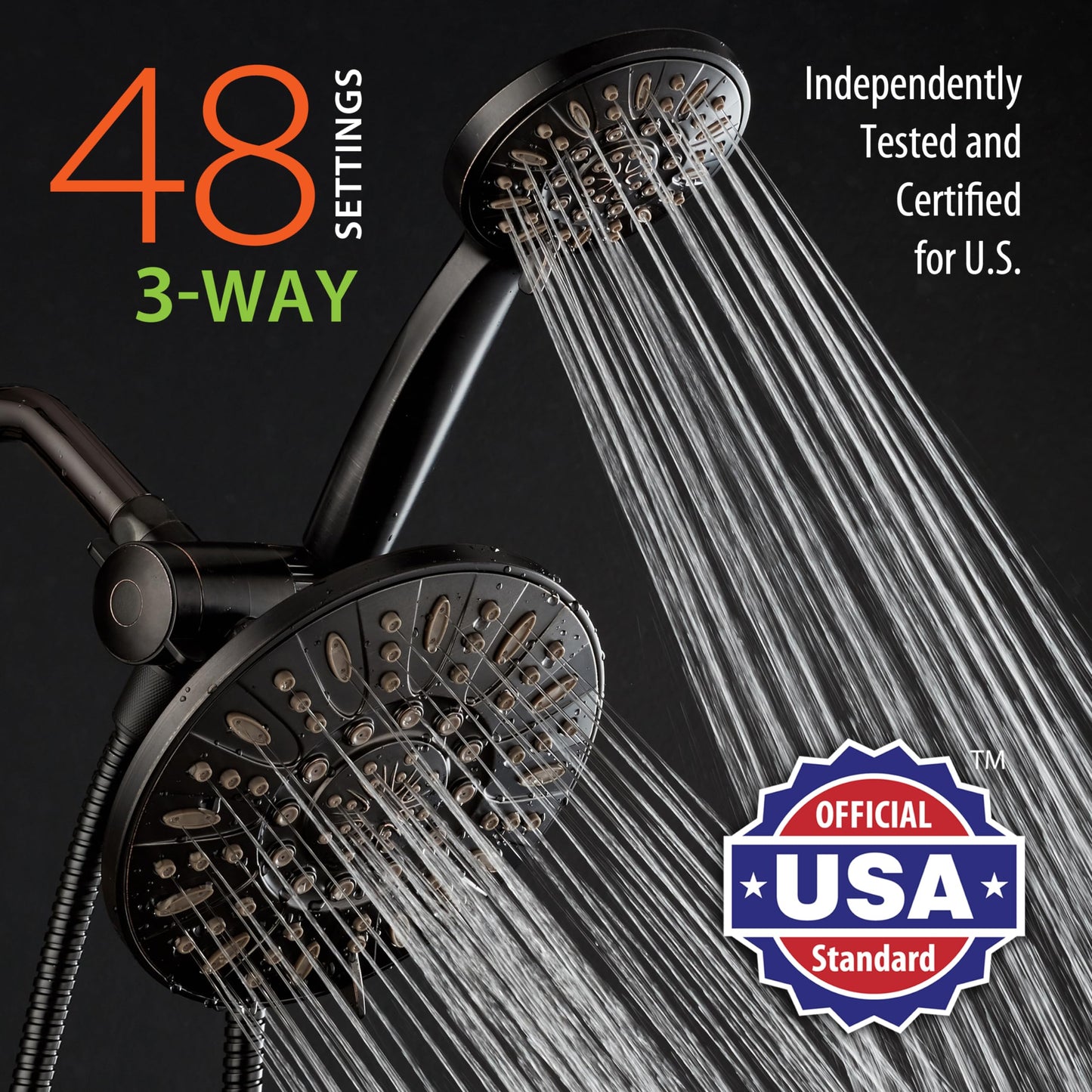 AquaDance 7" Premium High Pressure 3-Way Rainfall Combo with Stainless Steel Hose – Enjoy Luxurious 6-setting Rain Shower Head and Hand Held Shower Separately or Together – Oil Rubbed Bronze Finish