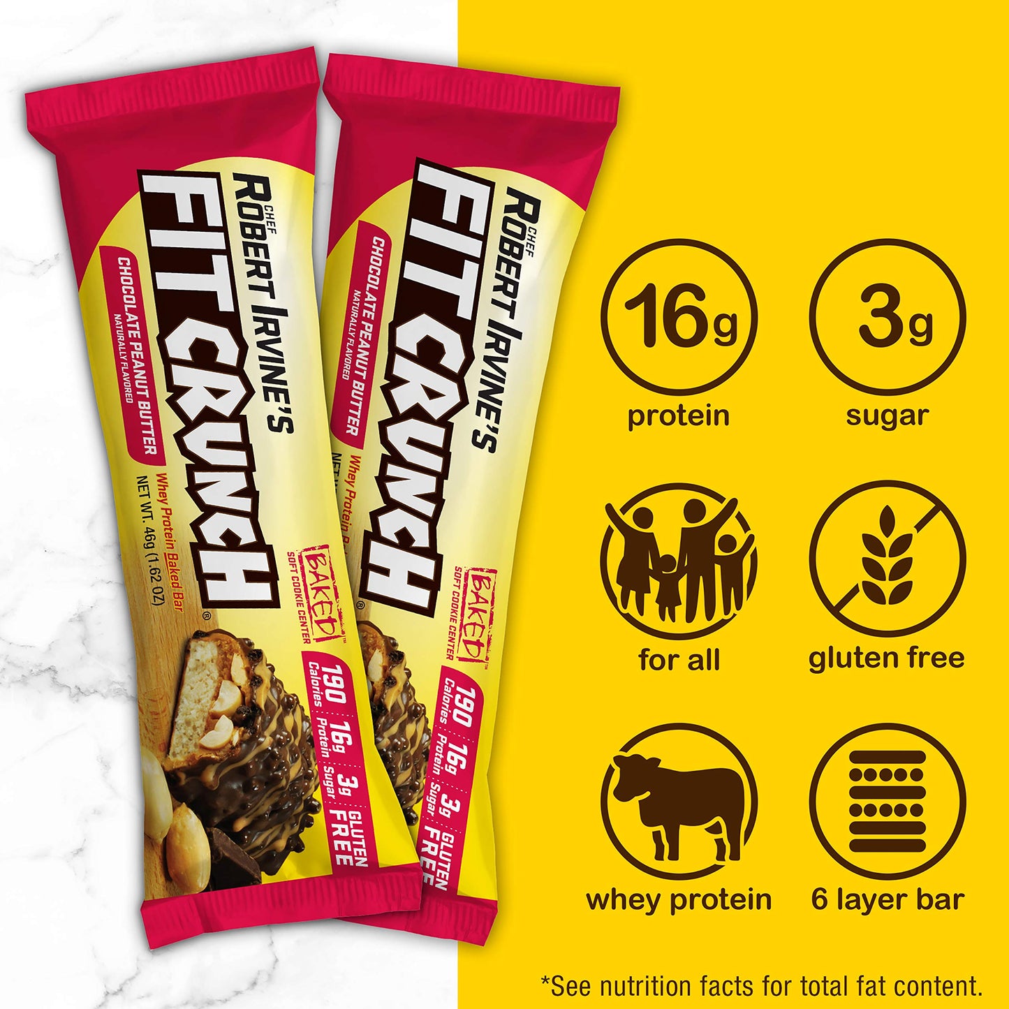 FITCRUNCH Snack Size Protein Bars, Designed by Robert Irvine, 6-Layer Baked Bar, 3g of Sugar, Gluten Free & Soft Cake Core (18 Bars, Chocolate Peanut Butter)