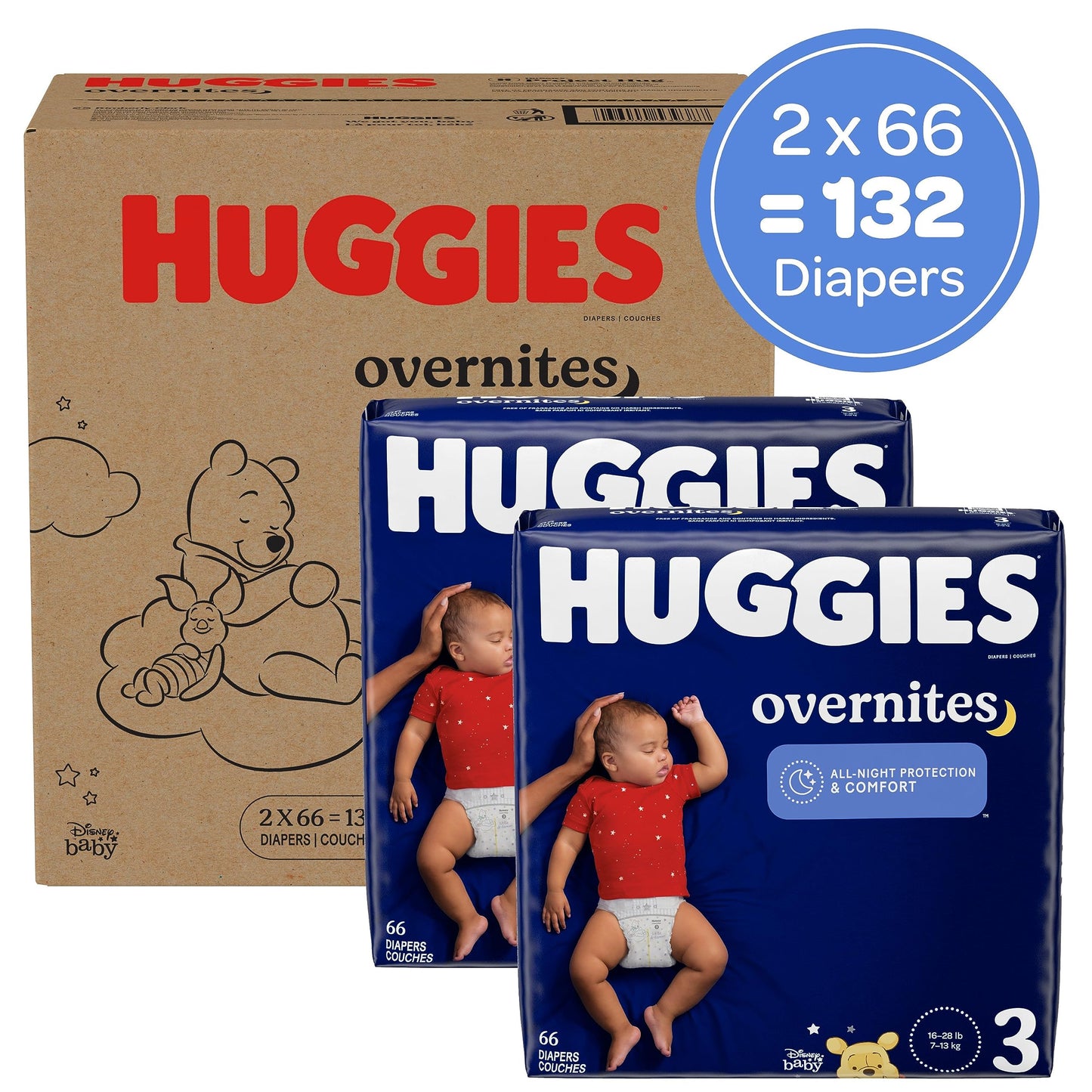 Huggies Size 3 Overnites Baby Diapers: Overnight Diapers, Size 3 (16-28 lbs), 132 Ct (2 Packs of 66)