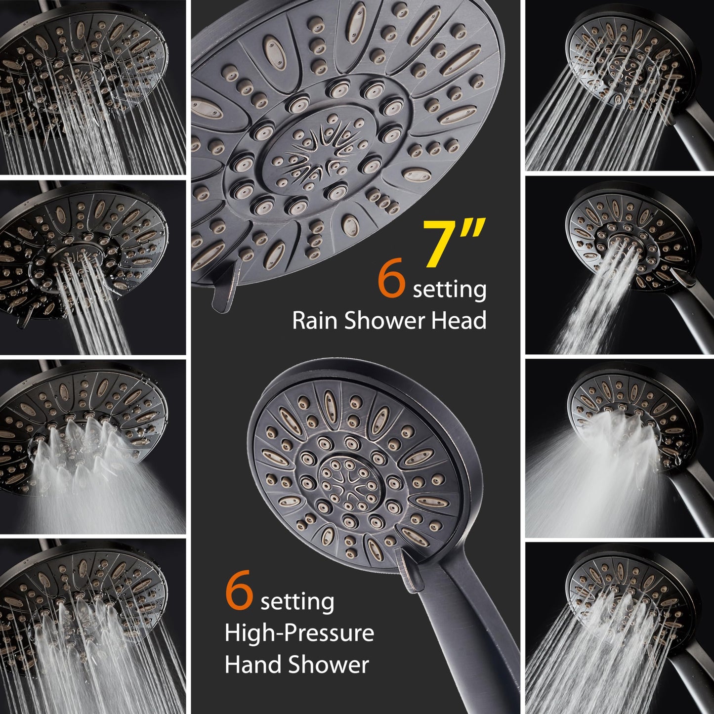 AquaDance 7" Premium High Pressure 3-Way Rainfall Combo with Stainless Steel Hose – Enjoy Luxurious 6-setting Rain Shower Head and Hand Held Shower Separately or Together – Oil Rubbed Bronze Finish