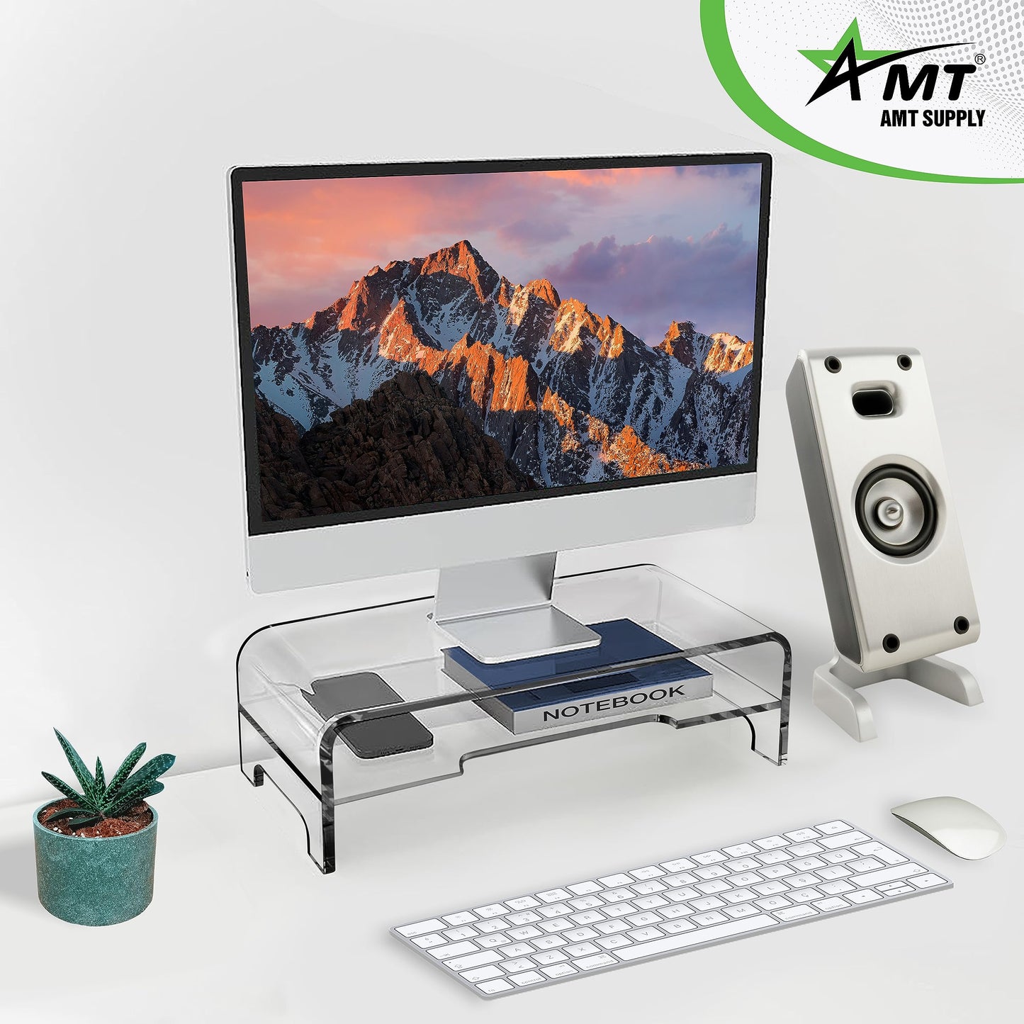 AMT 2 Tier 5.5 Inch High AMT Clear Acrylic Monitor Stand Riser Clear Computer with Cat Keyboard Protector, Space-Saving Design, Extra Storage, Clear Shelf - Ideal for Monitors, Laptops, Printers,