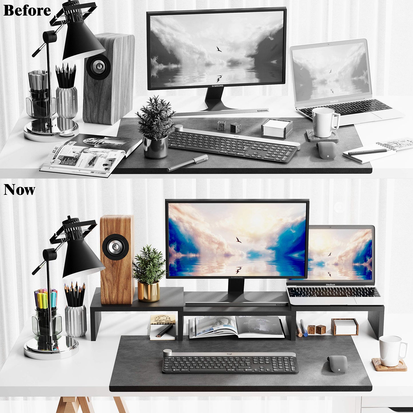 BAMEOS Monitor Stand Computer Riser Desk Organizer Stand Desktop Printer Stand for Laptop Computer Storage Shelf & Screen Holder (Sector-Dual)