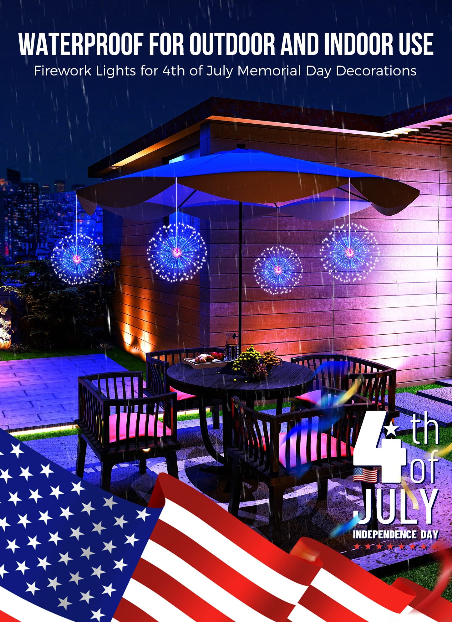 4th of July Decorations Firework Lights - 2 Pack 360 LED Patriotic Lights Battery Operated with 8 Modes Timer Remote, Waterproof Starburst Lights for Independence Day Memorial Day, Red White Blue