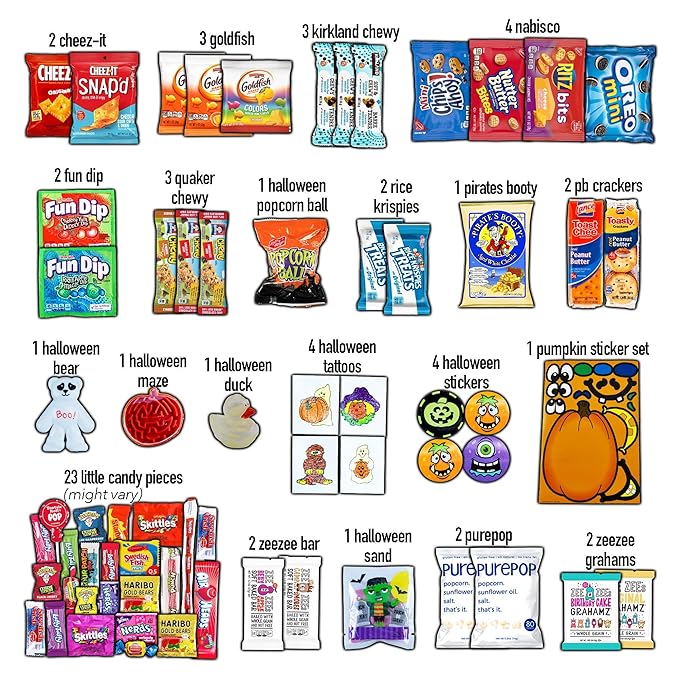 Halloween Candy Care Package Gift (65ct) Snacks Box Basket for Kids Children Adults Cookies Food Variety Pack Bundle Mixed Bulk Sampler Girls Boys Guys Men Women Boyfriend Girlfriend College Student