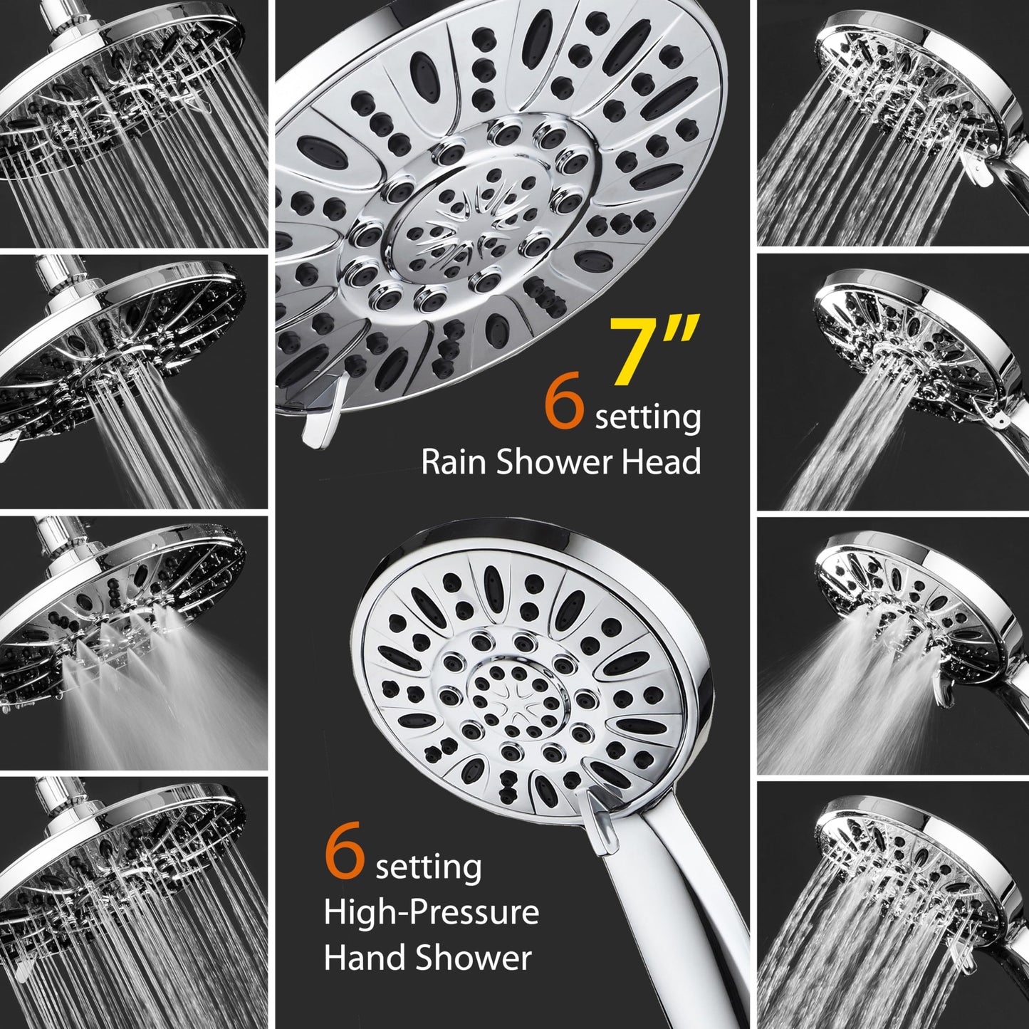 AquaDance for California - 7" Premium High Pressure 3-Way Rainfall Combo for Best of Both Worlds - Enjoy Luxury 6-Setting Rain Showerhead and Hand Held Shower Separately or Together - Chrome Finish