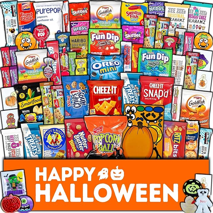 Halloween Candy Care Package Gift (65ct) Snacks Box Basket for Kids Children Adults Cookies Food Variety Pack Bundle Mixed Bulk Sampler Girls Boys Guys Men Women Boyfriend Girlfriend College Student