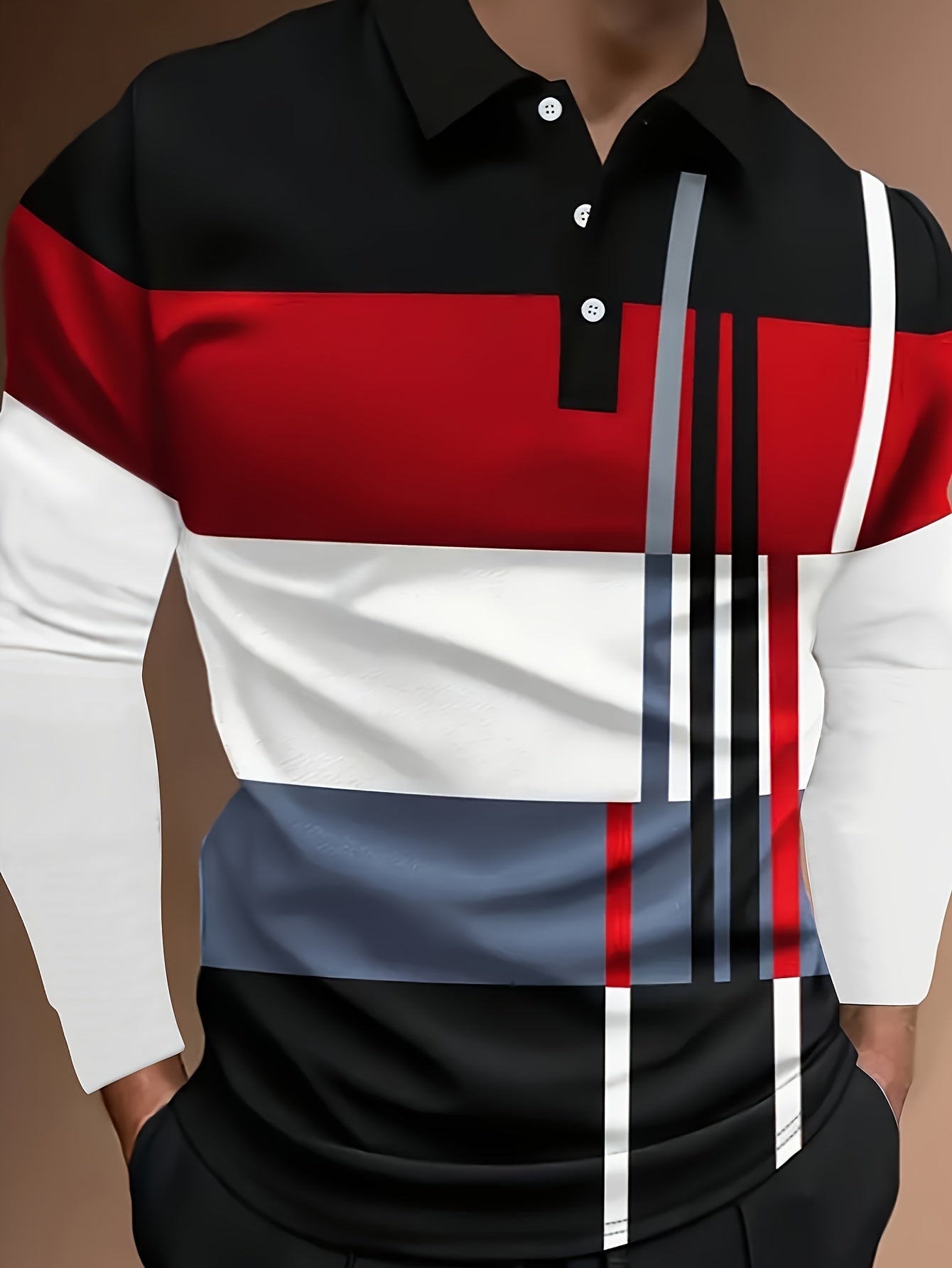 Autumn Men'S Casual Shirt, Color Blocked Design, Knit Fabric with Button Details, 100% Polyester, All-Season Wear, Regular Fit with Lapel Collar and Slight Stretch