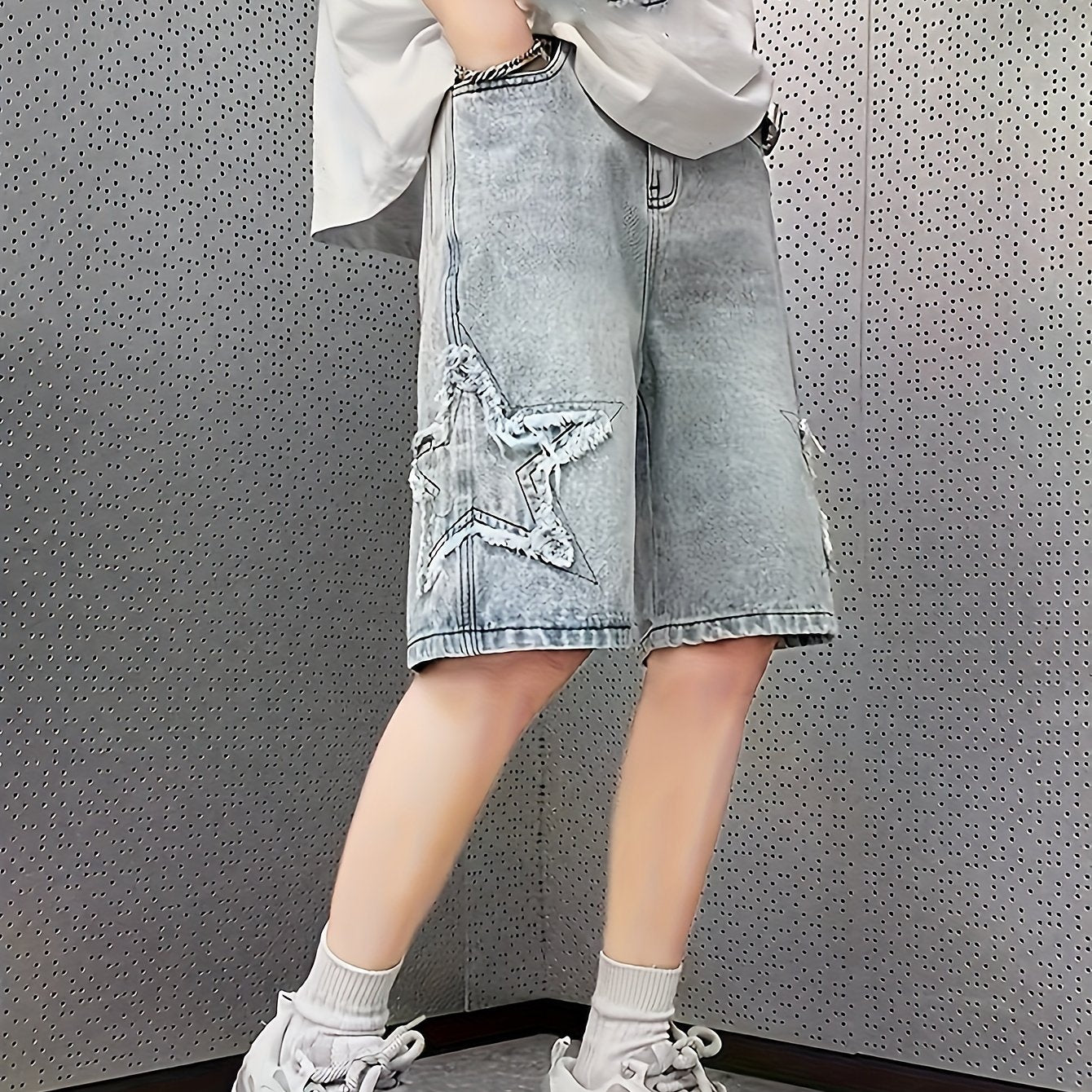 Men's Solid Wide Leg Denim Shorts With Star Pattern, Summer Trend Leisure Jorts