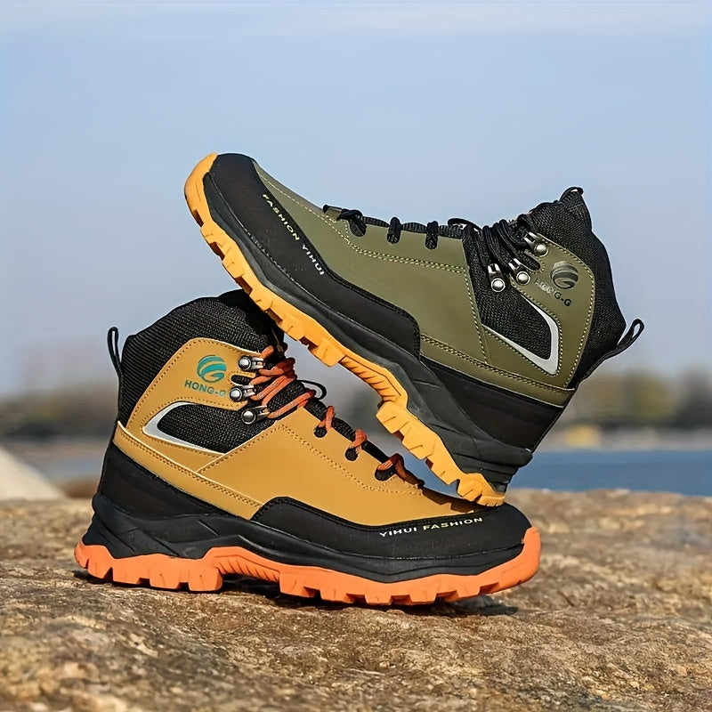 Men's High Top Color Block Steel Toe & Puncture Proof Work Boots, Comfy Non Slip Durable Rubber Sole Lace Up Shoes, Men's Footwear