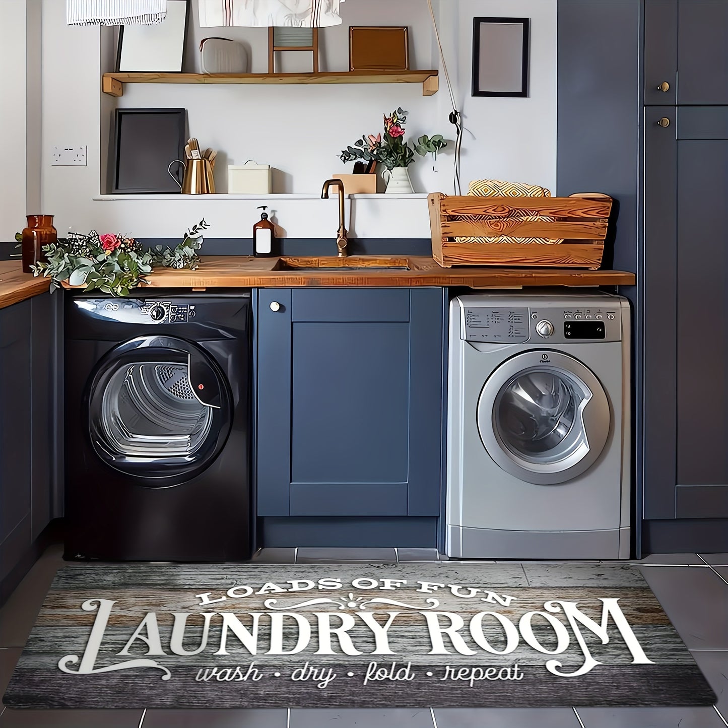 1pc Non Slip Laundry Room High Quality Runner Rug, Decor Non-Skid Comfort Standing Mat Machine Washable Text Design Laundry Mat, Floor Mats & Matting for Kitchen, Porch, Bathroom, Hotel, Commercial Laundry Rooms, And Home